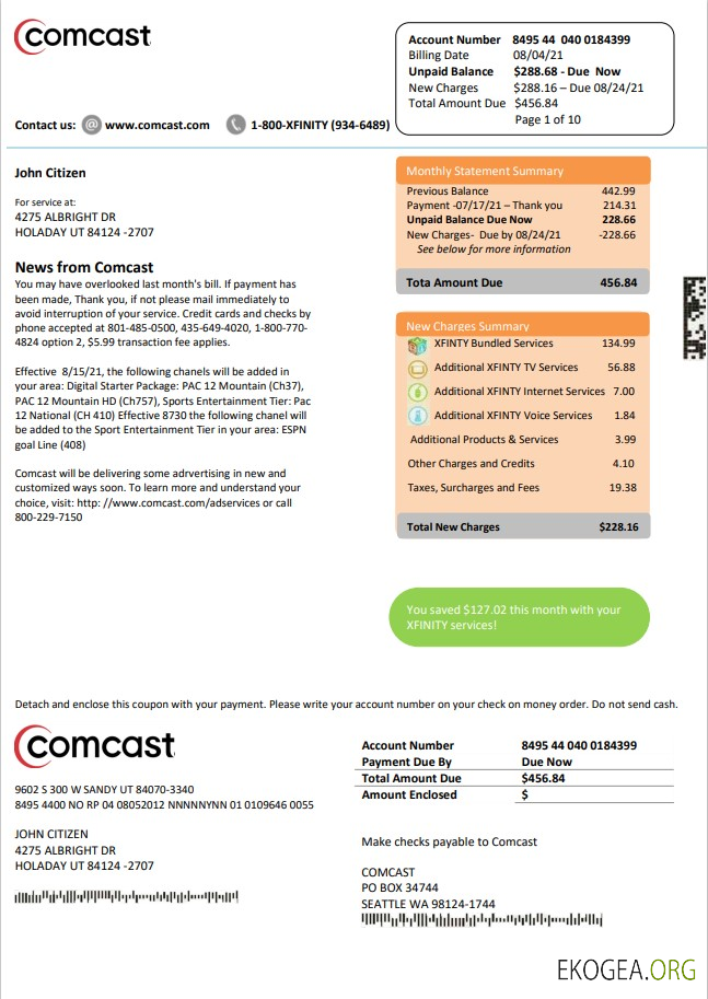 USA Utah Comcast utility bill template in Word and PDF format version 2
